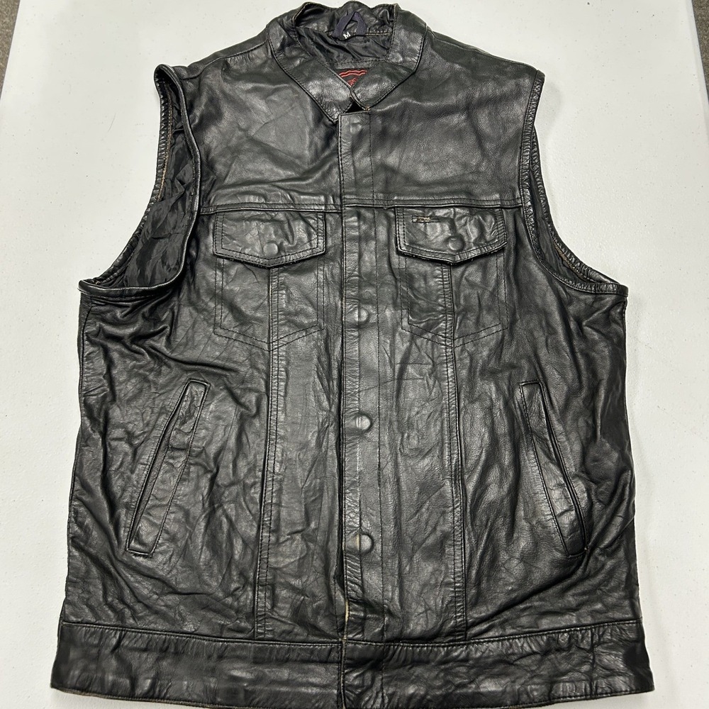 IK Genuine Leather Biker Vest Mens M Black Snap Front Motorcycle Waistcoat